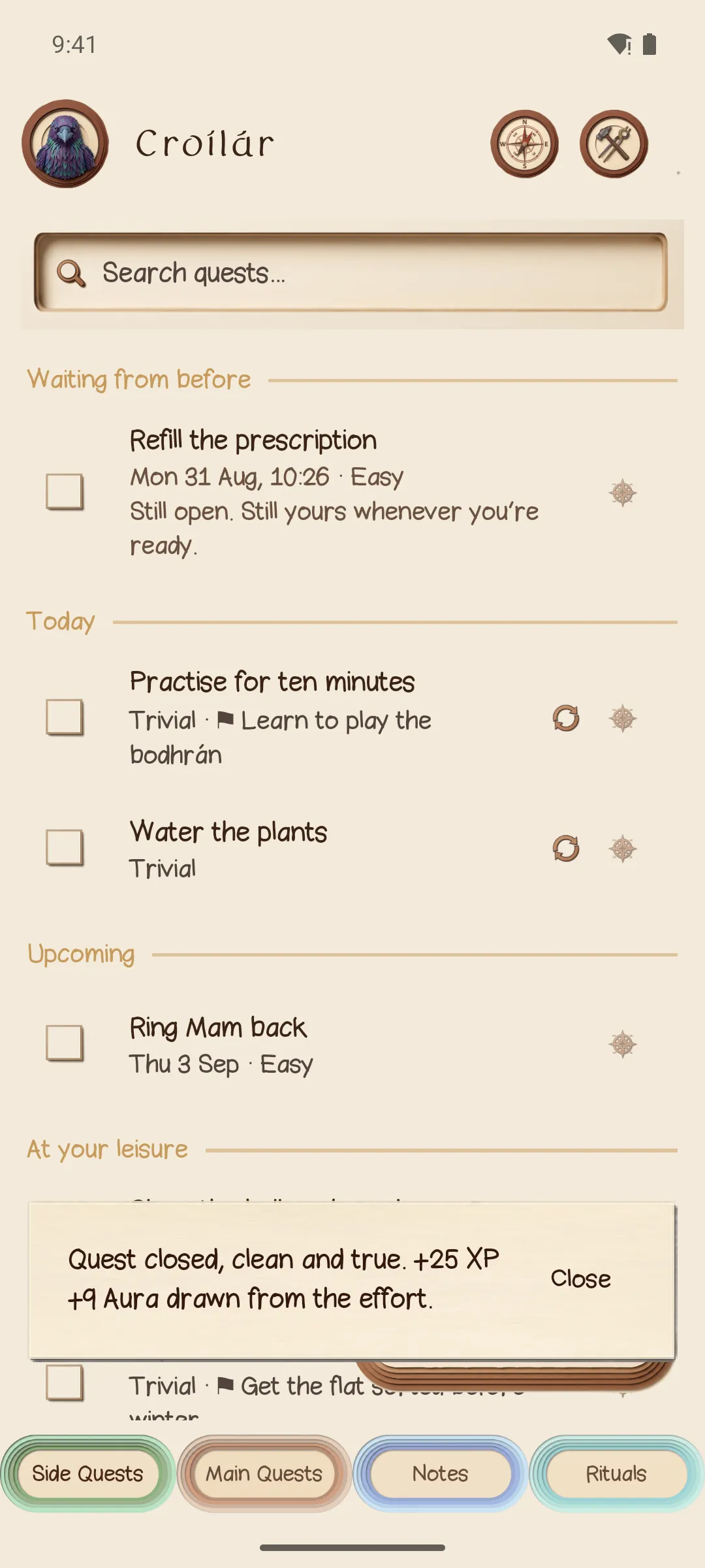 A completion message reading: Quest closed, clean and true. Plus 25 XP, plus 9 Aura drawn from the effort.