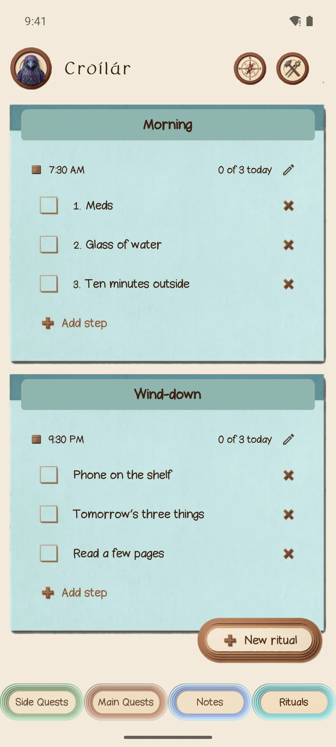 The Rituals screen showing a Morning and a Wind-down routine, each with three steps.