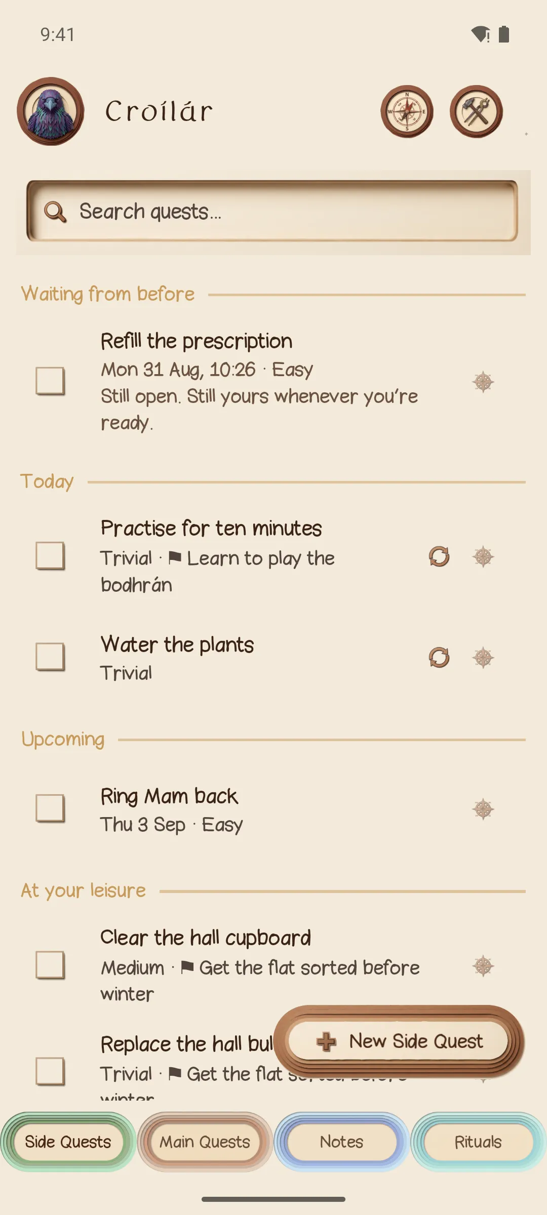 The Side Quests agenda, grouped into Waiting from before, Today, Upcoming and At your leisure.