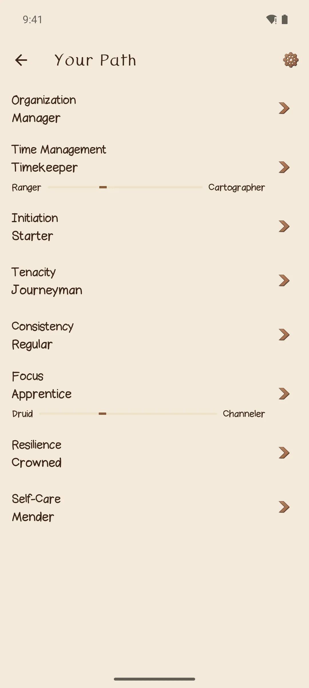 The Your Path screen listing eight skills, each with a tier name such as Manager, Timekeeper and Crowned.